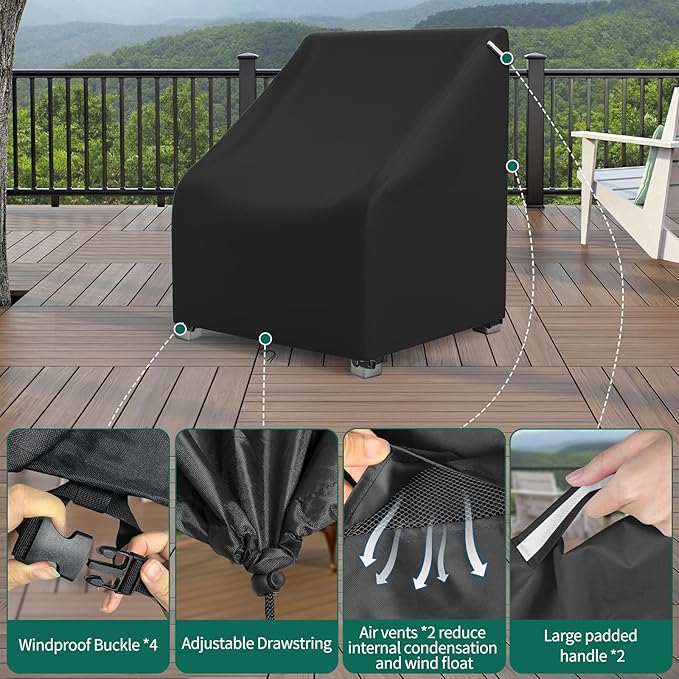 AKEfit Patio Chair Covers for Outdoor Furniture Waterproof 2 Pack,Heavy Duty Outdoor Chair Covers Waterproof for Lawn Lounge Seat, Wicker, Adirondack&Rocking Chairs,Black-30Wx37Dx31H inches