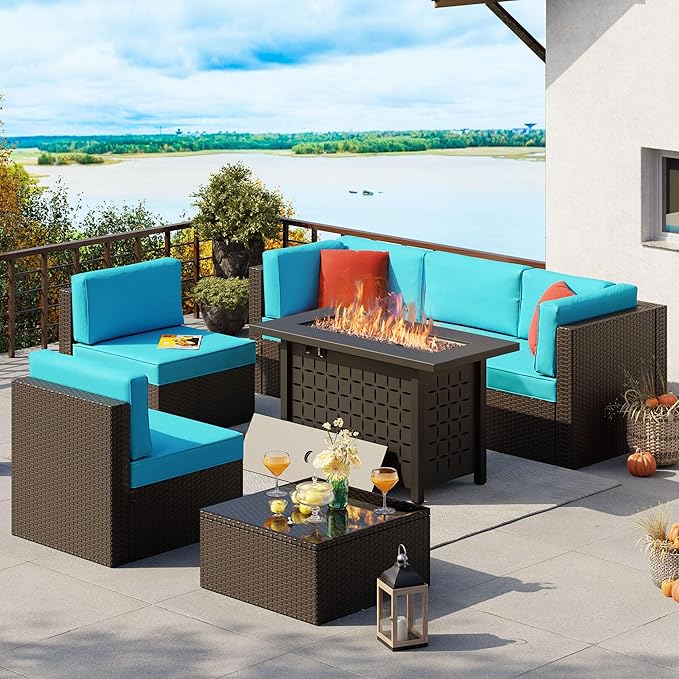 Vongrasig 7 Piece Patio Furniture Sets with 45 Inch Fire Pit Table All Weather PE Wicker Rattan Outdoor Sectional Sofa Couch Conversation Set w/Glass Table for Lawn, Garden, Backyard (Blue)