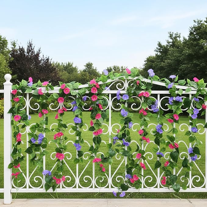 GTIDEA 4Pcs Fake Vines 30Feet Artificial Hanging Morning Glory Flower Garland Mixed Color Faux Vines for Outdoors for Wall Fence Indoor Wedding Decor