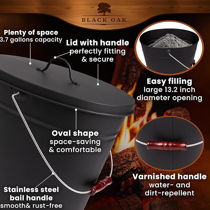 BLACK OAK Ash Bucket Vesuvio 3.7 GAL –black oval with lid & gloves –large 15L –fireproof galvanized steel & powder-coated ash & coal bucket –accessory for fireplaces, tiled stoves, wood-burning stoves