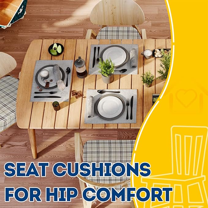 AAAAAcessories D-Shaped Chair Cushions, 2" Thick Dining Chair Pads with Ties and Removable, Machine-Washable Cover, 17" x 16", Yellow Checkered