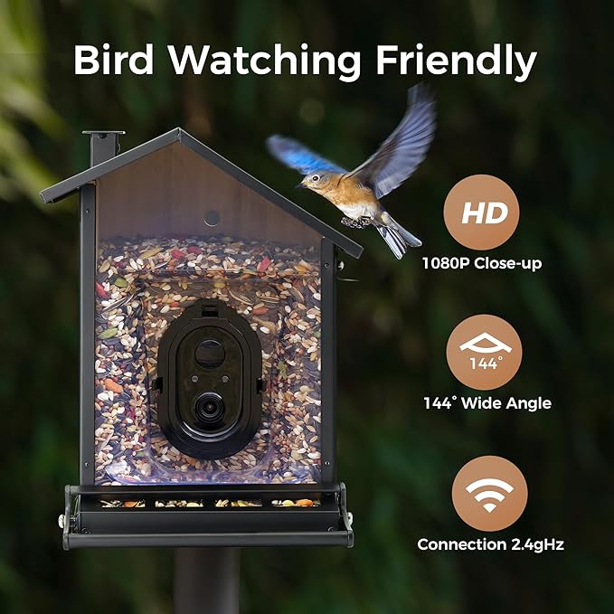 TT Nature Upgrade Squirrel-Proof Bird Feeder with Camera, Solar Powered, Smart AI Bird Species Recognition, Instant Notification, CCPA Data Security, Bamboo 3.2L Large Capacity, Ideal Gift