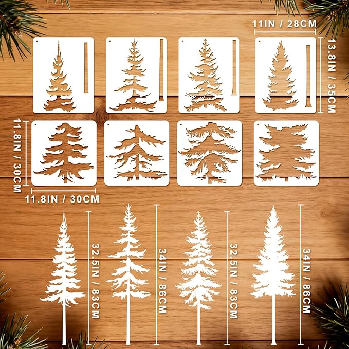 8pcs Large Pine Tree Stencils 4 Styles Reusable Tree Wall Stencils 32.5'' - 34'' Tall Forest Mural Drawing Templates for Wall DIY Art Crafts Painting Garden Wood Fence Tile
