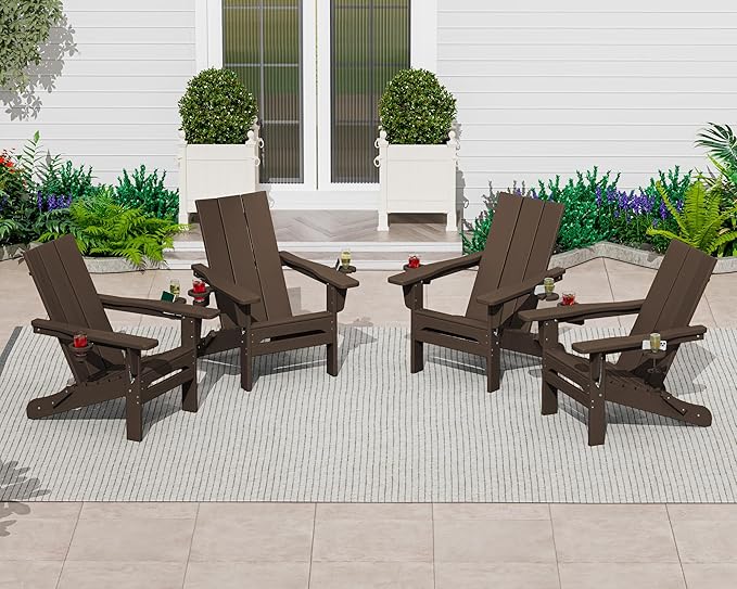 SERWALL Modern Adirondack Chairs Set of 4, Folding Adirondack Chair with Cup Holders, Outdoor HDPE Adirondack Chair for Patio Lawn Garden, Coffee