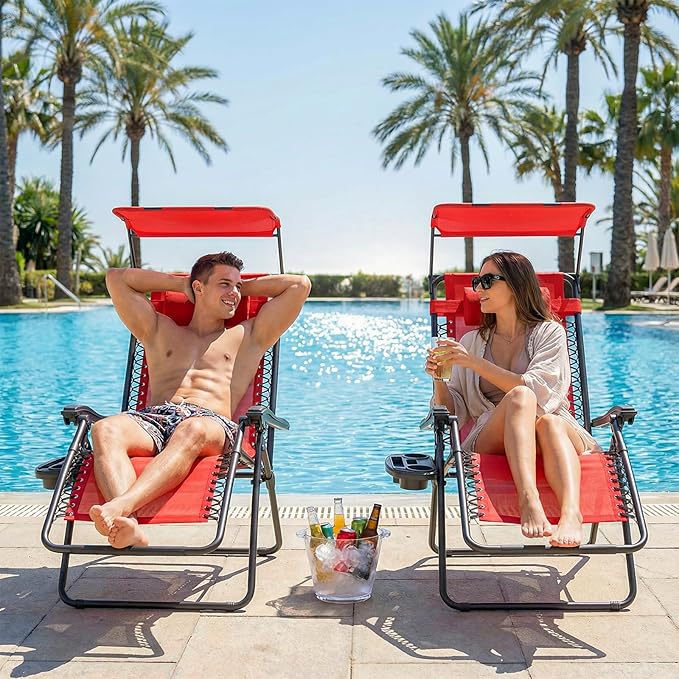 Magshion Zero Gravity Chair with Canopy Set of 2, Reclining Outdoor Patio Lounge Chair, Folding Anti Gravity Recliner, Portable Lounger with Removable Cup Holder Side Tray and Pillow Headrest (Red)