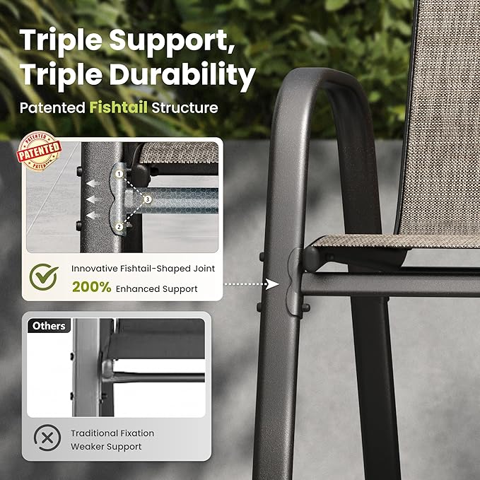 PHI VILLA 5 Piece Outdoor Dining Set with 4 Stackable Patio Chairs and a 37'' Carbon Crystal Patio Table, All Weather Small Patio Furniture Set for Deck Lawn Garden Poolside Backyard
