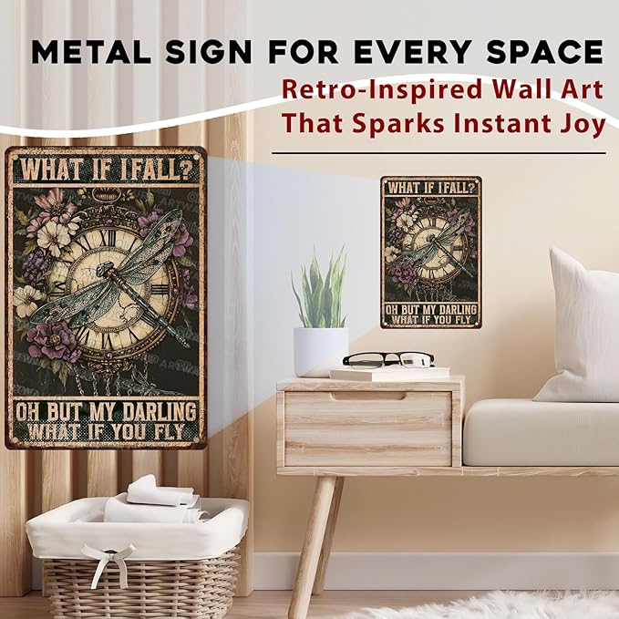 Dragonfly Tin Sign “What If I Fall” - Vintage Hippie Metal Wall Art for Bedroom, Home Office, Cafe & Boho Decor 8x12 Inch