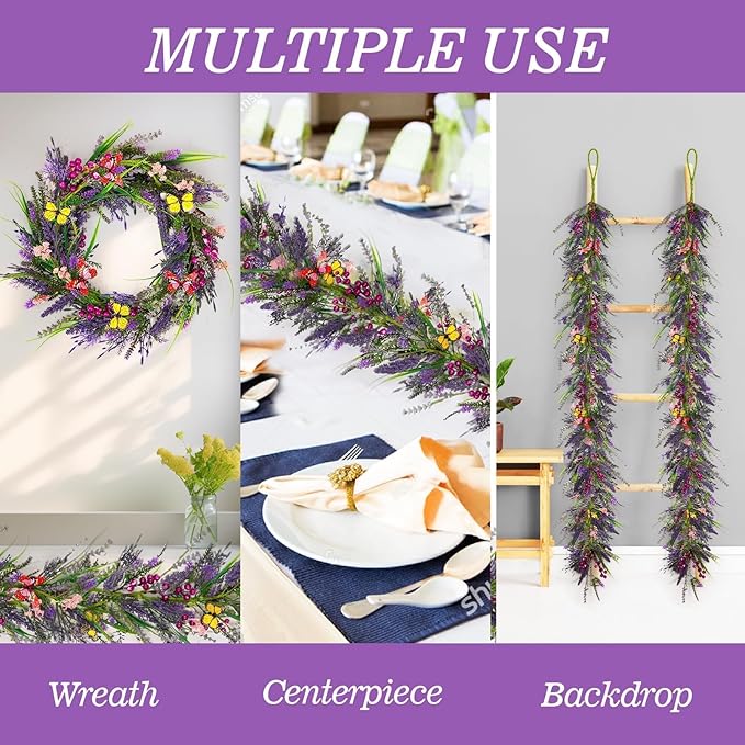 6.5 Ft Artificial Lavender Purple Garland Spring Summer Lavender Wild Flower Butterflies Wreath Swags Vine for Wedding Arch Porch Stair Table Indoor Door Home Mantle Fireplace All Year Decoration