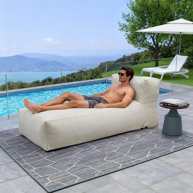 Outdoor Bean Bed Chair Sun Lounger, Outdoor Couch Sofa for Patio & Pool, Foam Filling Day Bed Furniture, Comfy Lazy Sofa for Outside, Water-Resistant Seating (Ivory, 70'' L)