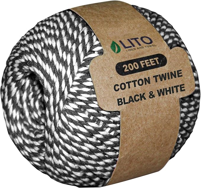 Black and White Organic Twine Cotton String 200 Feet – Durable Craft Twine for Baking, Butchers, Gift Wrapping, DIY, Holiday Decorations & Packaging
