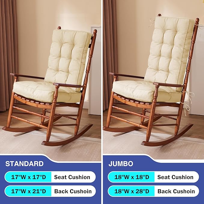 Rocking Chair Cushion, Waterproof and Fade-Resistant Patio Chair Cushions, Tufted Chair Pads for Rocker Furniture, 17x17 Inch, Indoor/Outdoor Seat Cushions with Ties, Beige