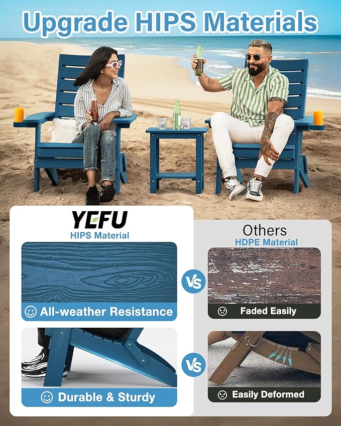 YEFU Adirondack Chair, Folding Adirondack Chairs Set of 4 with Arc Back & Cup Holder, Weather Resistant Plastic Oversized Chair for Outdoor Patio Lawn Garden Backyard Deck Fire Pit, Navy