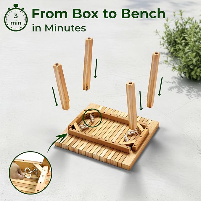 Melino Wooden Outdoor Slat Bench, 2 in 1 Convertible Bench to Table, Acacia Solid Wood Construction for Patio, Garden and Entryway, 20 inch