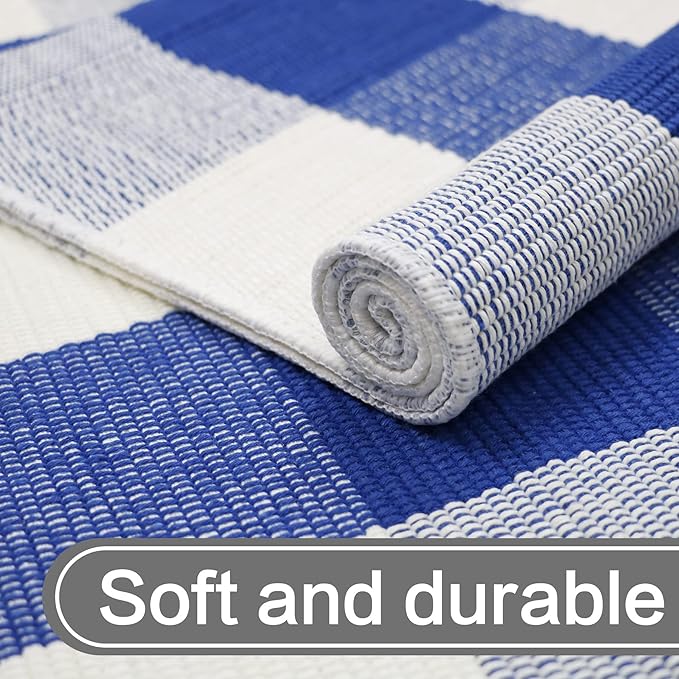 MUBIN Cotton Buffalo Plaid Rug, 3'x5' Blue and White Outdoor Rug Front Door Decorative Mat, Hand-Woven Foldable Rug for Layered Door Mats Washable Carpet for Front Porch, Entryway, Farmhouse