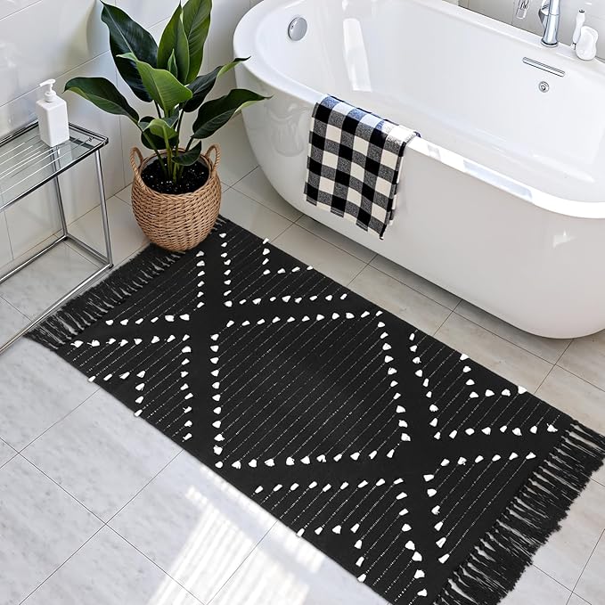 LIVEBOX Boho Kitchen Rug 2' x 4.3' Washable Bathroom Runner with Tassel, Moroccan Black Area Rugs Small Woven Cotton Throw Rug for Entryway Laundry Room Hallway