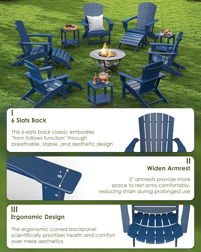 GREENVINES Adirondack Chairs Set of 2 | HDPE Plastic | Oversized Fire Pit Chair | All Weather | Blue | Poly Lumber | for Outdoor Deck Backyard Patio
