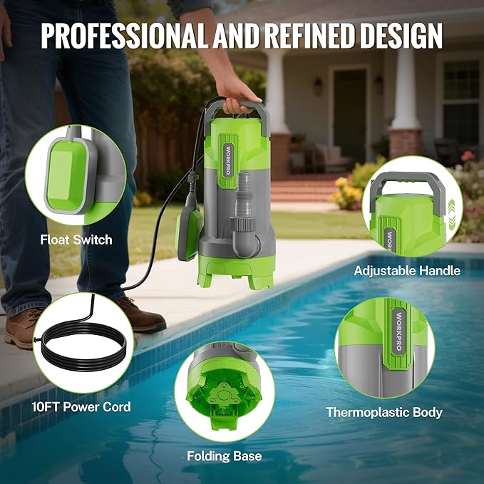 WORKPRO Submersible Water Pump, 1HP 4500 GPH Sump Pump with Automatic Float Switch for Transferring Clean or Dirty Water, A Water Pump for Pool Draining, Flooded Basement, Pond, and Garden Irrigation
