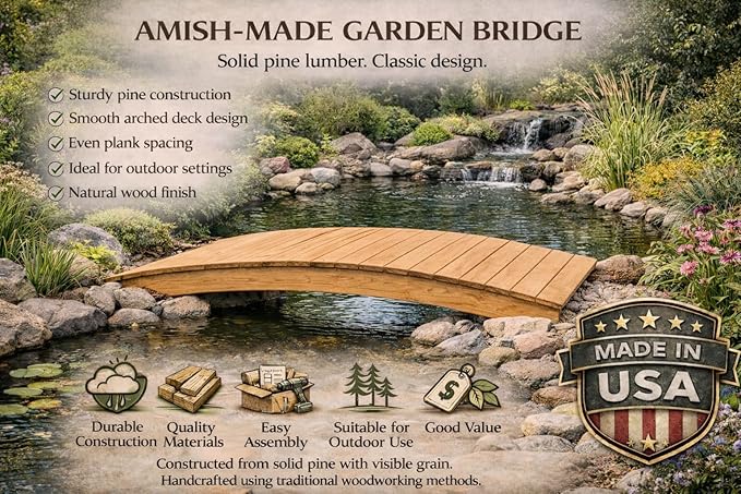 10 FT CEDAR Amish Made Pinewood Heavy Duty Garden Bridge for Walkway, Backyard Pond & Landscaping, Outdoor Wooden Footbridge for Koi Pond, Japanese Style Decorative Bridge, Made in USA