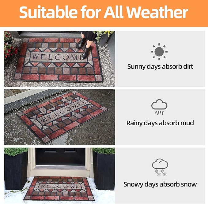 Welcome Mat Front Door Mat Indoor Outside Entrance, Absorbent Heavy Duty Doormat with Non Slip Backing Entryway Rug for Front Back Door, 24x36, Brick Print