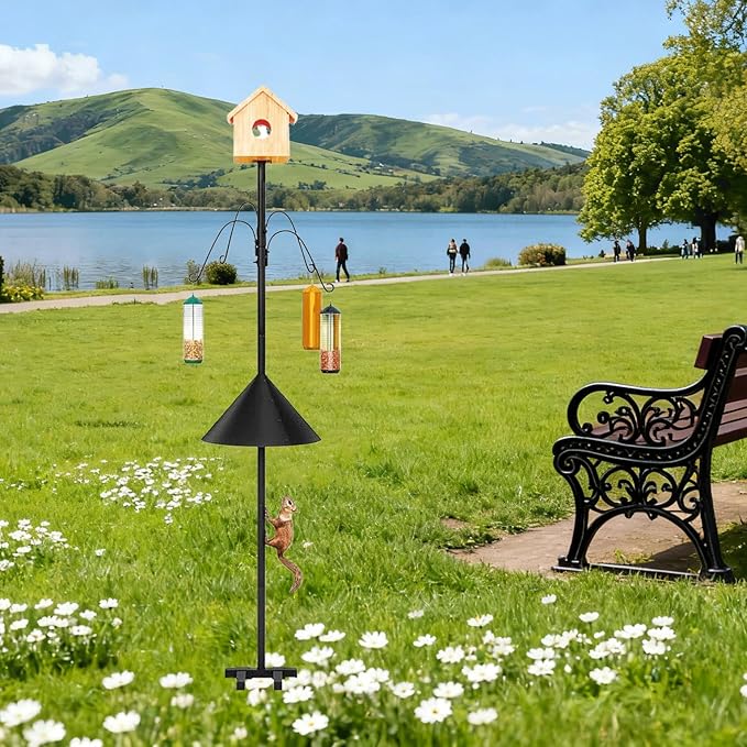 Bird Feeder Pole 101.97 Inch House Stand with Squirrel Proof Baffle Heavy Duty Feeding Station with 4 Shepherd Hooks for Outdoor Garden Yard Black (Bird House Not Included)