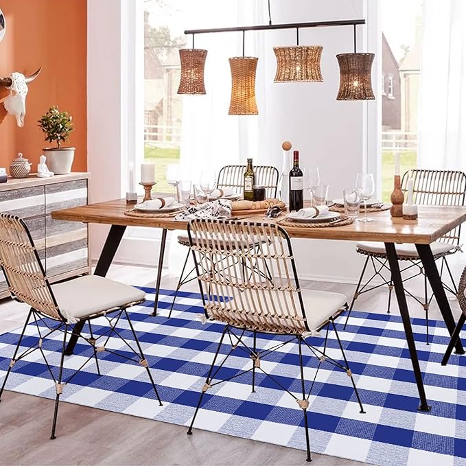 SEEKSEE Cotton Buffalo Plaid Rug 4'x6' Blue and White Hand Woven Checked Rug Washable Doormats Indoor Outdoor Rugs for Layered Front Door Mats, Porch, Kitchen, Farmhouse, Entryway