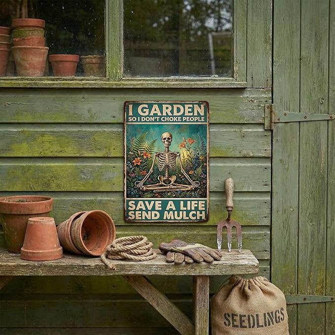 Funny Skeleton Garden Tin Sign - "I Garden So I Don't Choke People" Metal Decor - Meditating Skeleton & Gothic Flowers - Sarcastic Quote for Yard, Fence, Shed - Metal Sign Gift for Gardeners，8x12 inches