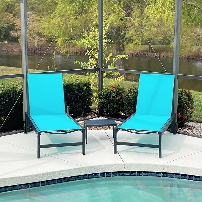PURPLE LEAF Outdoor Chaise Lounge with Wheels for Outside 4 Pieces Aluminum Patio Lounge Chair with 5 Adjustable Position Recliner for Patio Beach Yard Pool Side Table Included Turquoise Blue