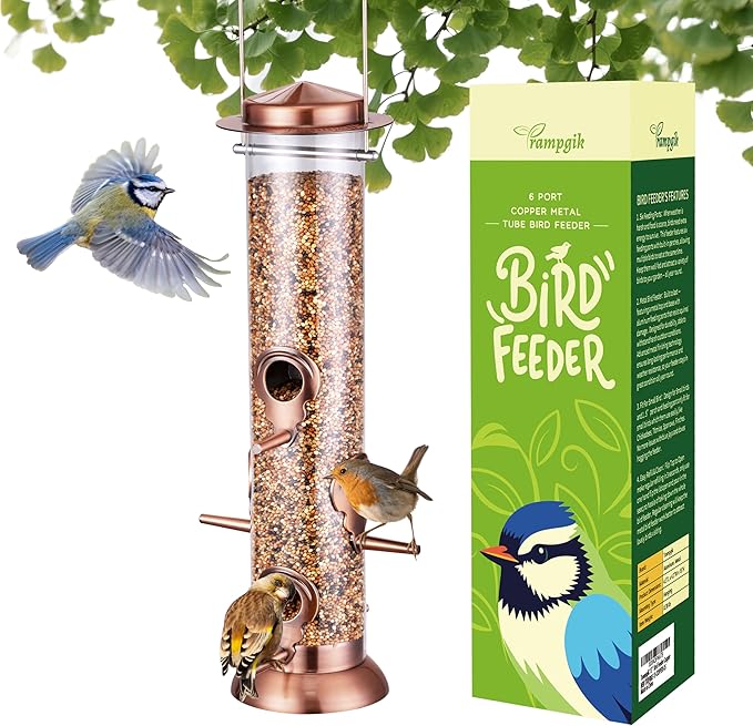 Bird Feeders for Outdoors,13 Inch 6 Ports Squirrel Proof Bird Feefers,Finch Feeder for Outside,Chew-Proof Metal Hanging Bird Feeder,Rust-Proof,Easy to Refill & Clean,Copper,Pack of 1