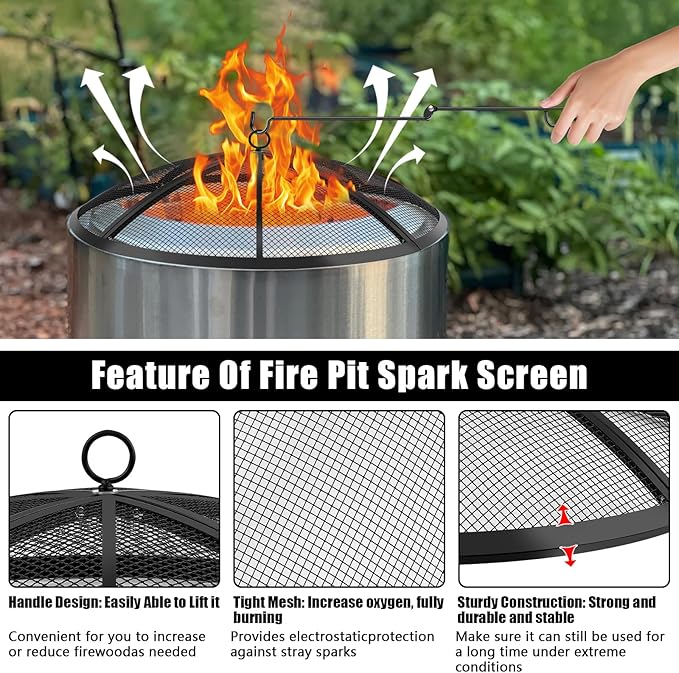 Fire Pit Spark Screen, Fire Pit Screen 27 Inch Round with Handle & Poker, Collapsible Heavy Duty Mesh Fire Pit Cover Fire Pit Lid for Outdoor/Patio/Backyard/RV Camping/Beach