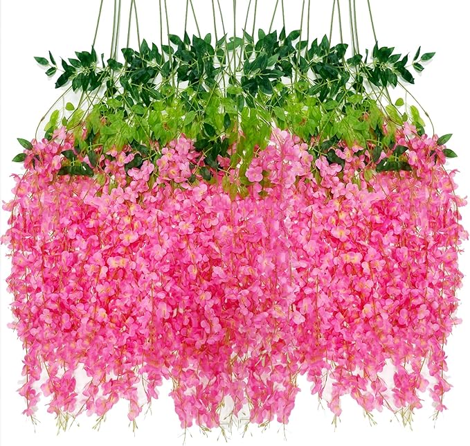 Artificial Wisteria Hanging Flowers-Fake Wisteria Flower Garland Silk Vines Rattan Decor for Home Wedding Arch Wall Garden Greenery Bedroom Outdoor Office Party Decoration(36, Dark Pink)