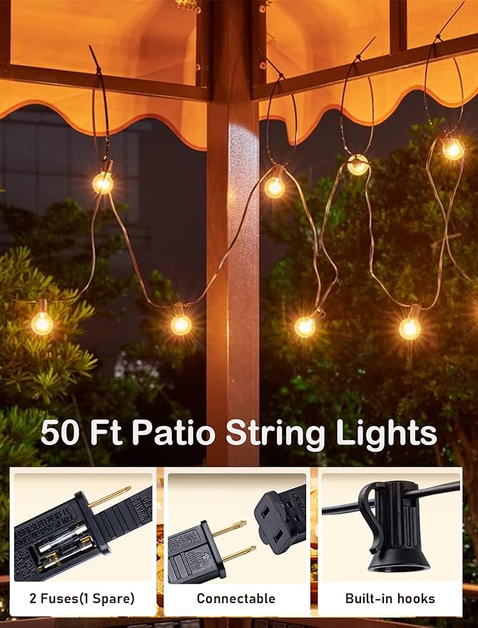 Abeja 50FT G40 Globe String Lights, Outdoor Patio String Lights with 53 Edison Globe Bulbs(3 Spare), Hanging Bistro Light Waterproof for Balcony Party Wedding Market Cafe, Black