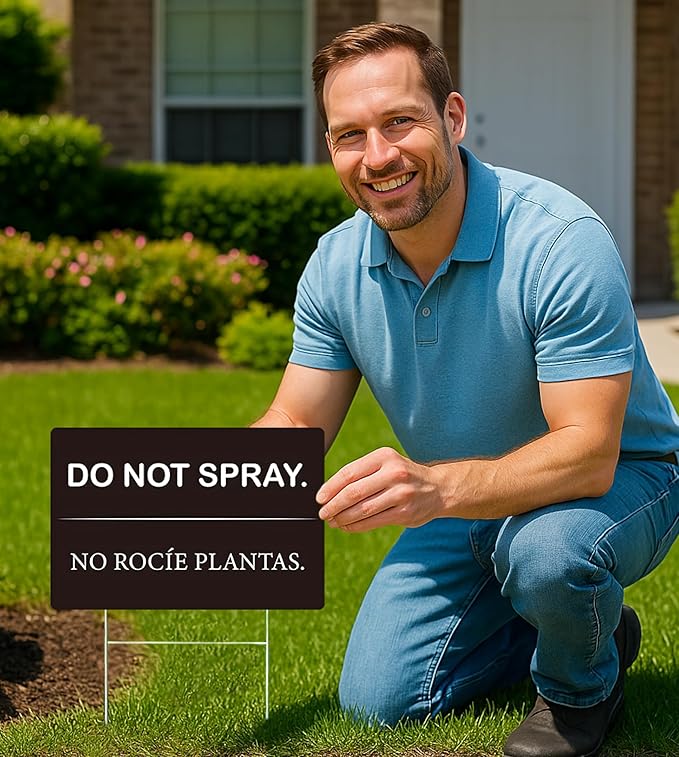 Set of 3 Do Not Spray Yard Black Sign with Metal Stake 12x8 Inches - No Podar Las Plantas Signs for Outdoor or Indoor - Double Sided Bilingual Plant Sign or Plastic Garden Signs