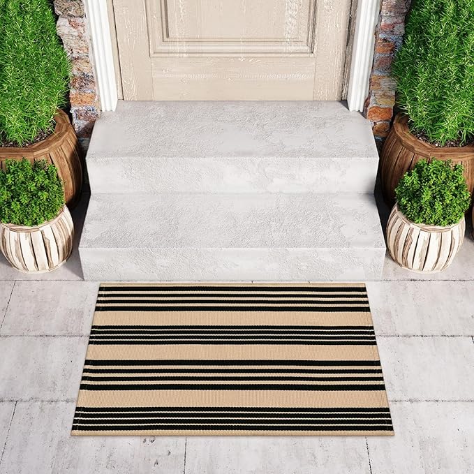 Black and Khaki Striped Outdoor Rug 24"x35", Cotton Hand-Woven Foldable Front Door Mat, Washable Reversible Layered Door Mats for Entryway Porch Decor Home Entrance