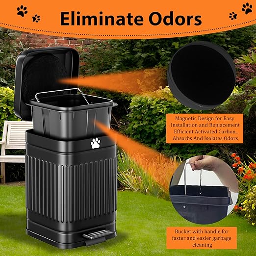 Dog Poop Trash Can Outside, 5L/1.3Gal Metal Dog Waste Trash Can with Lid, Foot Pedal, Pet Waste Container with 40 Bags, Poop Bucket with Lid Soft Close for Pet, Black