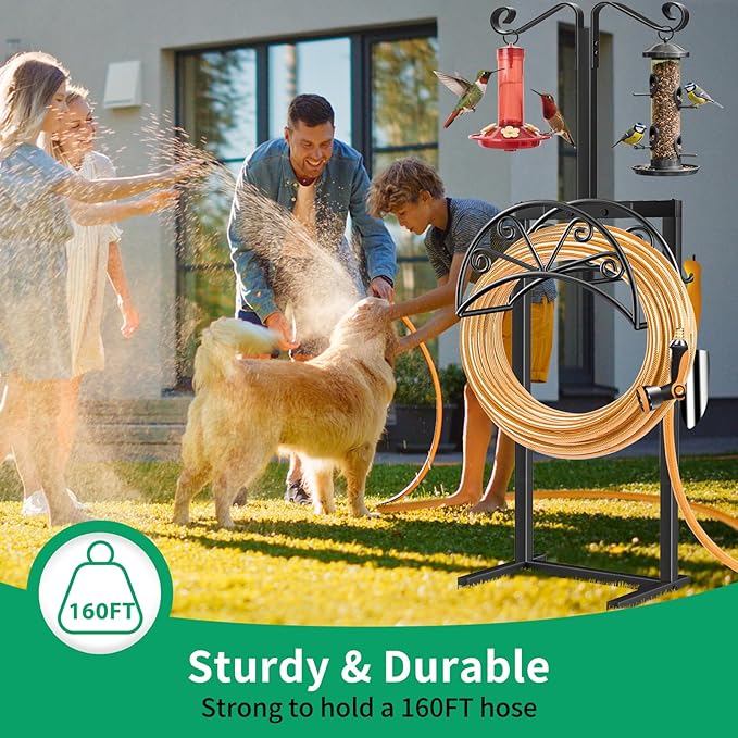 TomCare Garden Hose Holder with Shepherds Hooks Heavy Duty Water Hose Holder Holds 160 FT Hoses Freestanding Hose Reel with 2 Tool Hooks Stable Hoses Hanger Storage Stand for Outside Yard, Black