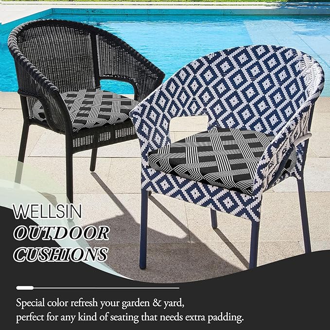 Wellsin Outdoor Chair Cushions for Patio Furniture - Patio Chair Cushions Set of 6 - Water Resistant Round Corner Outdoor Seat Cushions 17"X16"X2", Black Geometry