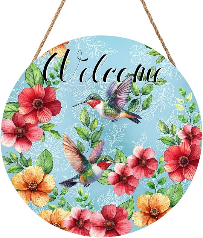 Welcome Spring Hummingbird Door Sign For Front Door Decor,Spring Summer Red Yellow Flower Leaves Wooden Sign 12"x 12" Round Seasonal Hanging Door Sign Decoration for Rustic Decor