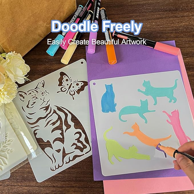 16 PCS Cat Stencils for Painting, Stencils for Crafts Reusable 8 x 8 Inch Quote Kitty Templates for Wood Signs Walls Canvas and Gifts for Cat Lovers