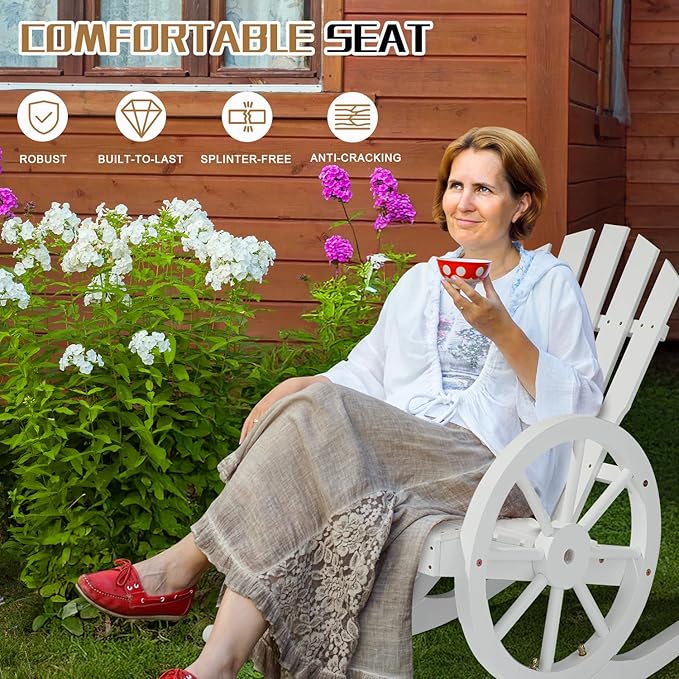 Outvita Adirondack Rocking Chair Set of 2, Wood Wagon Rocker, Outdoor Wooden Carbonized Lounge Chairs with Wheel Armrest for Garden Patio Country Yard(White