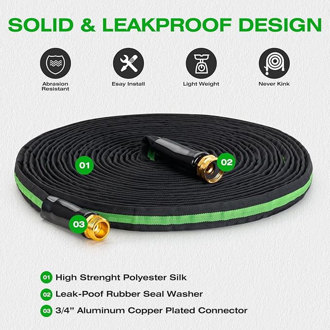 25 ft Garden Hose - Lightweight, Super Flexible, Non-Expanding, Kink-Free, Ideal for Yard Outdoor Use (Black-Green, 25 FT)