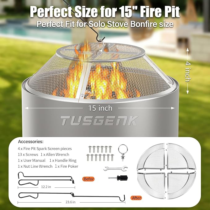 Fire Pit Spark Screen for Solo Stove Range Accessories, 15 Inch Range Shield for Solo Stove Accessories, 304 Stainless Steel Detachable Mesh Fire Pit Spark Protector with Grill Function