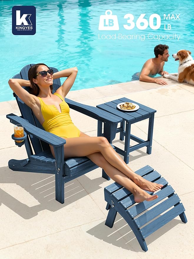 KINGYES Folding Adirondack Chair Set of 8, HDPE All-Weather Patio Chairs with Cup Holder, Wooden Textured Fire Pit Chairs for Poolside, Backyard, Deck, Navy