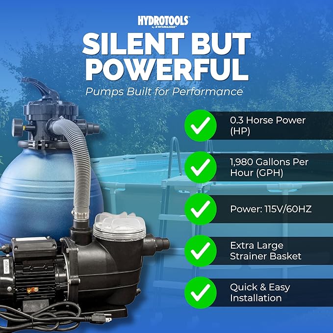 SWIMLINE HYDROTOOLS 12 Inch Pool Sand Filter Pump For Above Ground Inground Intex Bestway Pools | Complete System 1/3 HP (0.3 THP) Horsepower 1980 GPH Pumps | For Pools Up To 9000 Gallons | 71233