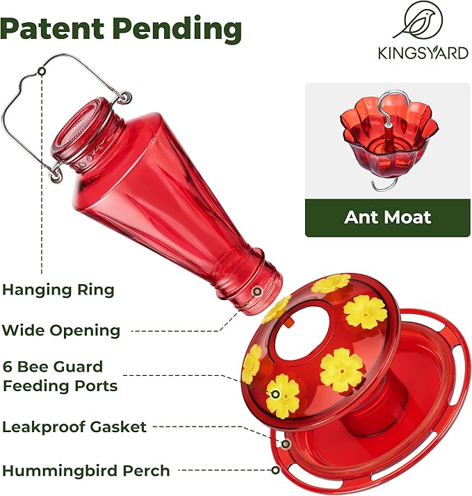 Kingsyard Glass Hummingbird Feeders for Outdoors Hanging Ant & Bee Proof, 16 Ounces Bird Nectar Feeder 6 Flower Feeding Ports, Leak Proof, Easy to Refill & Clean, Ant Moat Included, Red