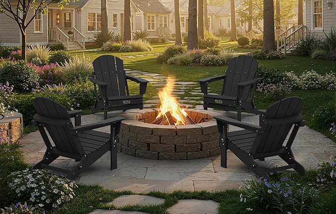 SERWALL Foldable Adirondack Chair Set of 2 for Patio Garden Outdoors Fire Pit-Black