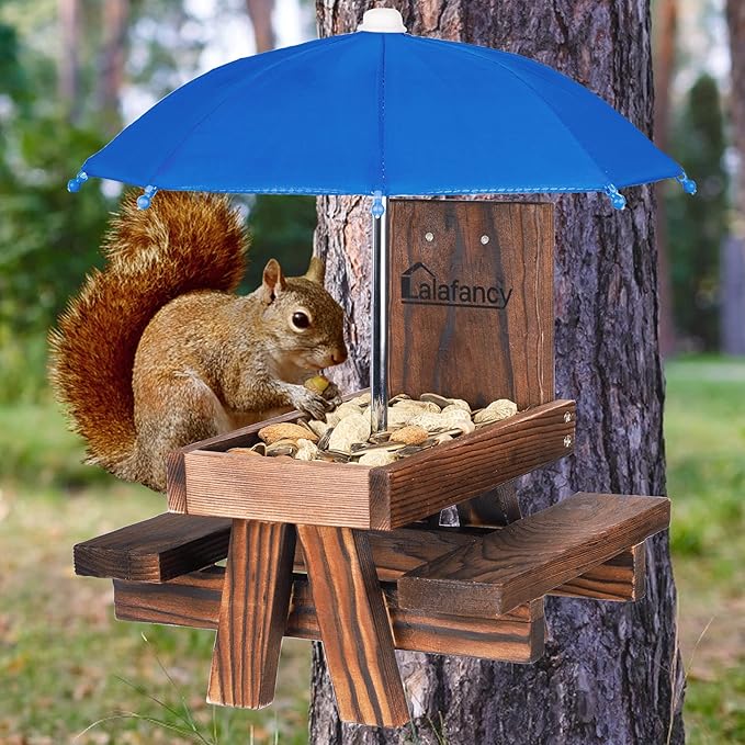 Squirrel Feeder Picnic Table with Umbrella, Lalafancy Carbonized Wood Squirrel Feeder for Outside Funny Chipmunk Feeder with Corn Cob Holder Structure Solid for Squirrel Gift