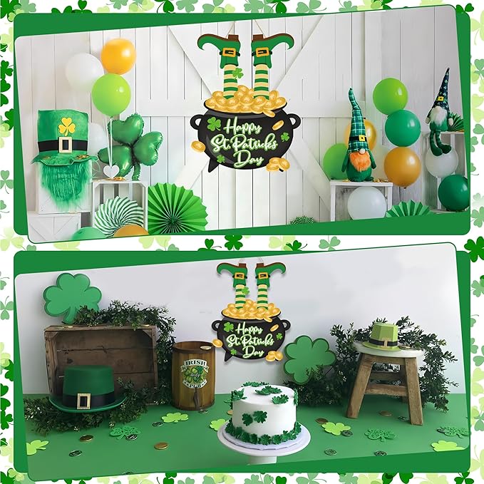 St. Patrick's Day Door Sign Happy St. Patrick's Day Wooden Front Door Wreath Leprechaun Feet Shamrock Gold Coin Jar Hanging Welcome Signs for Irish Home Wall Hanger Porch Indoor Outdoor Party Decor