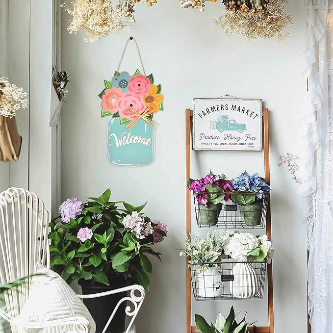 Spring Flower Door Sign Mason Jar Wood Hanger Floral Front Door Porch Spring Summer Mother's Day Farmhouse Decor