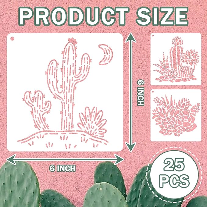 25 PCS Cactus Stencils Reusable Summer Cacti Stencils for Painting on Wood, Tropical Succulent Template for Painting on Furniture Wall Floor Canvas DIY Craft Home Decor, 6 x 6 Inch