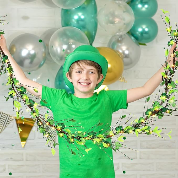 6.5 Ft St.Patrick's Day Garland Lucky Shamrock Wreath with LED Lights Artificial Green Clover St Patrick's Day Hanging Wreath Garland for Front Door Arch Wall Irish Festival Party Decoration
